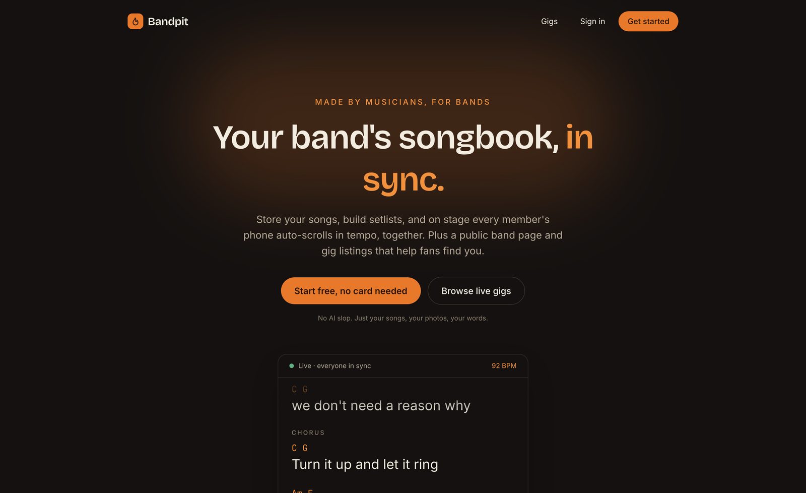 The Bandpit home page: a heading reading 'Your band's songbook, in sync', two buttons, and a live stage view showing chords above lyrics with the tempo in the corner.