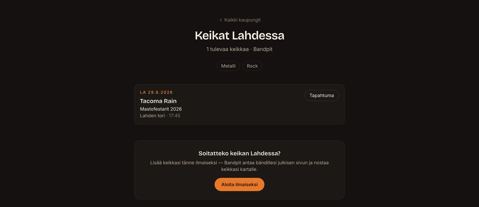 A city page in the Bandpit gig directory, headed 'Keikat Lahdessa', listing one upcoming show with its date, venue and time.