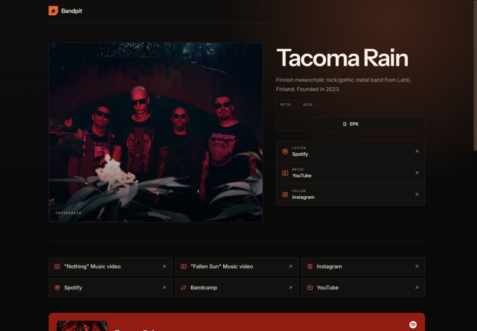 Tacoma Rain's current public Bandpit page, with the band's own photograph, biography, EPK and music links.