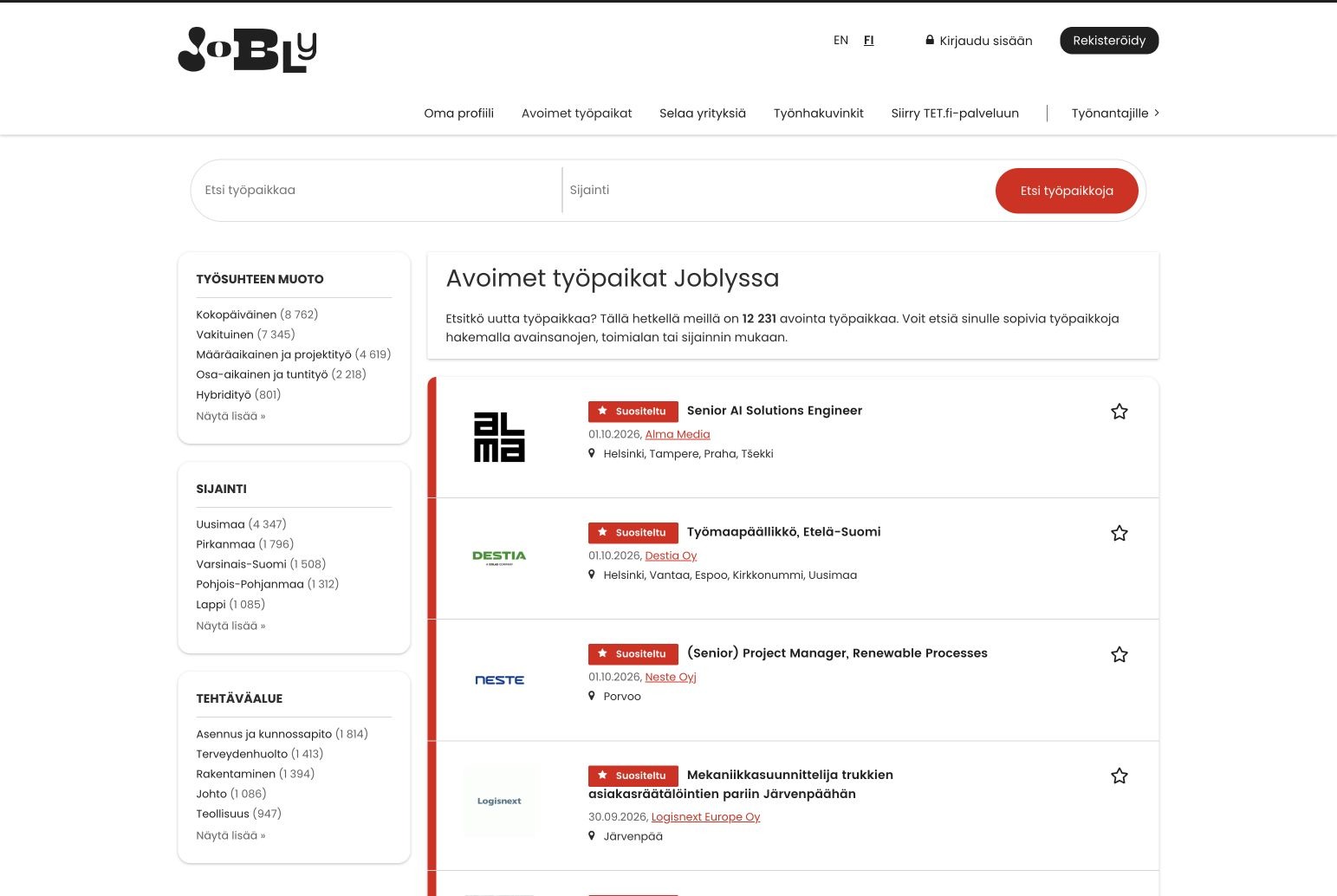 Jobly’s public job search, with keyword and location fields, filters for employment type, region and job category, and current vacancies.