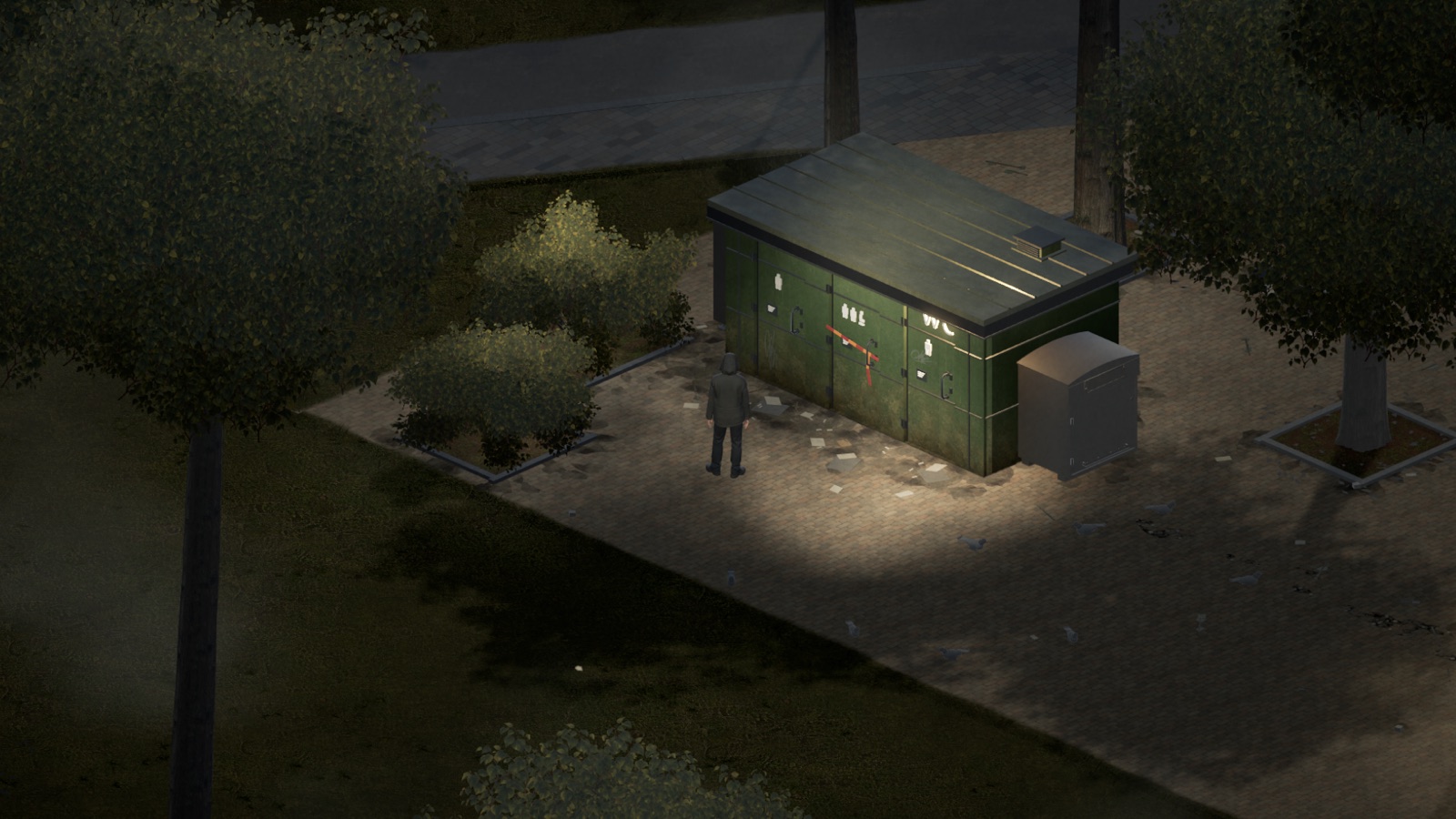 An isometric game scene in Dallapénpuisto: a lone character beside a public toilet, surrounded by paths and trees.