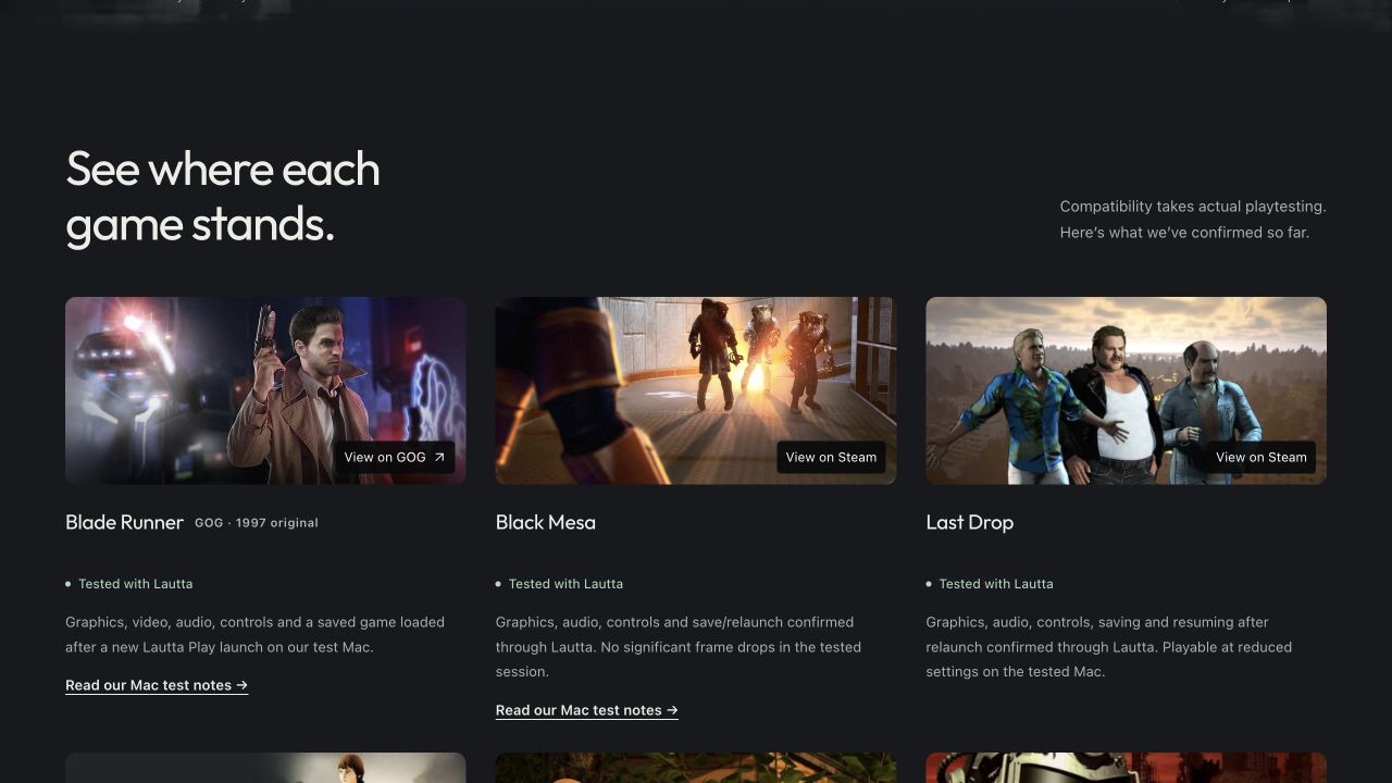 Lautta’s public game library. Blade Runner, Black Mesa and Last Drop each have a tested status, a description of what was confirmed, and a link to the Mac test notes.
