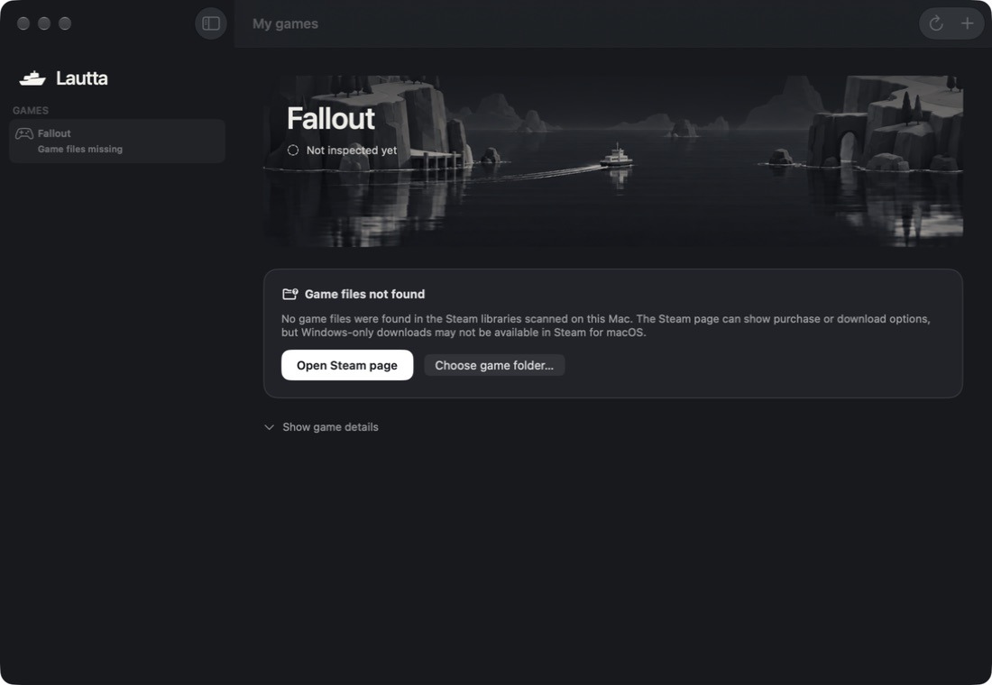 A Lautta Mac development build showing Fallout in the library. Its game files are missing, so the main actions open the Steam page or choose a game folder.