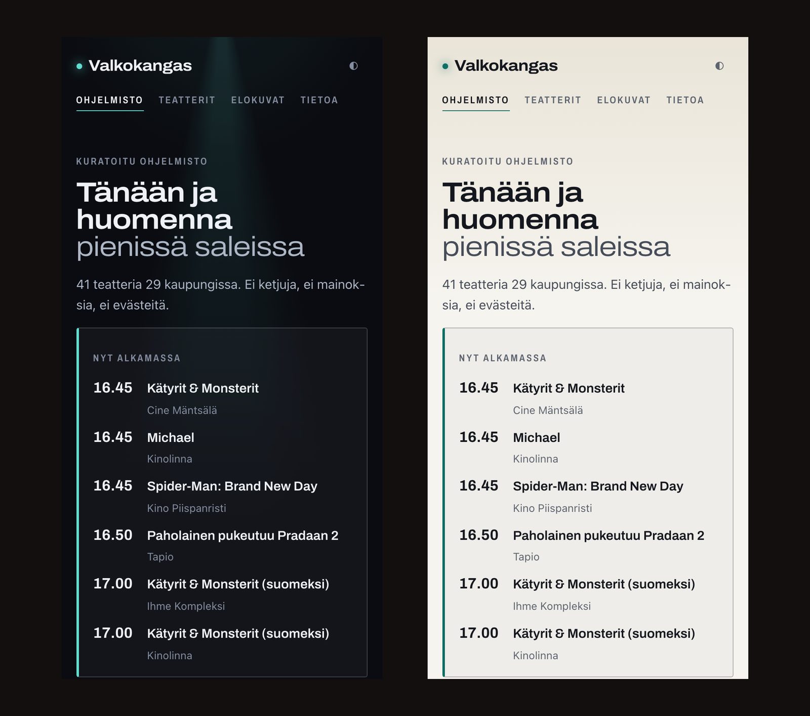 The same Valkokangas front page shown twice on a phone-width screen, once in the dark theme and once in the light theme, both listing the screenings starting now.
