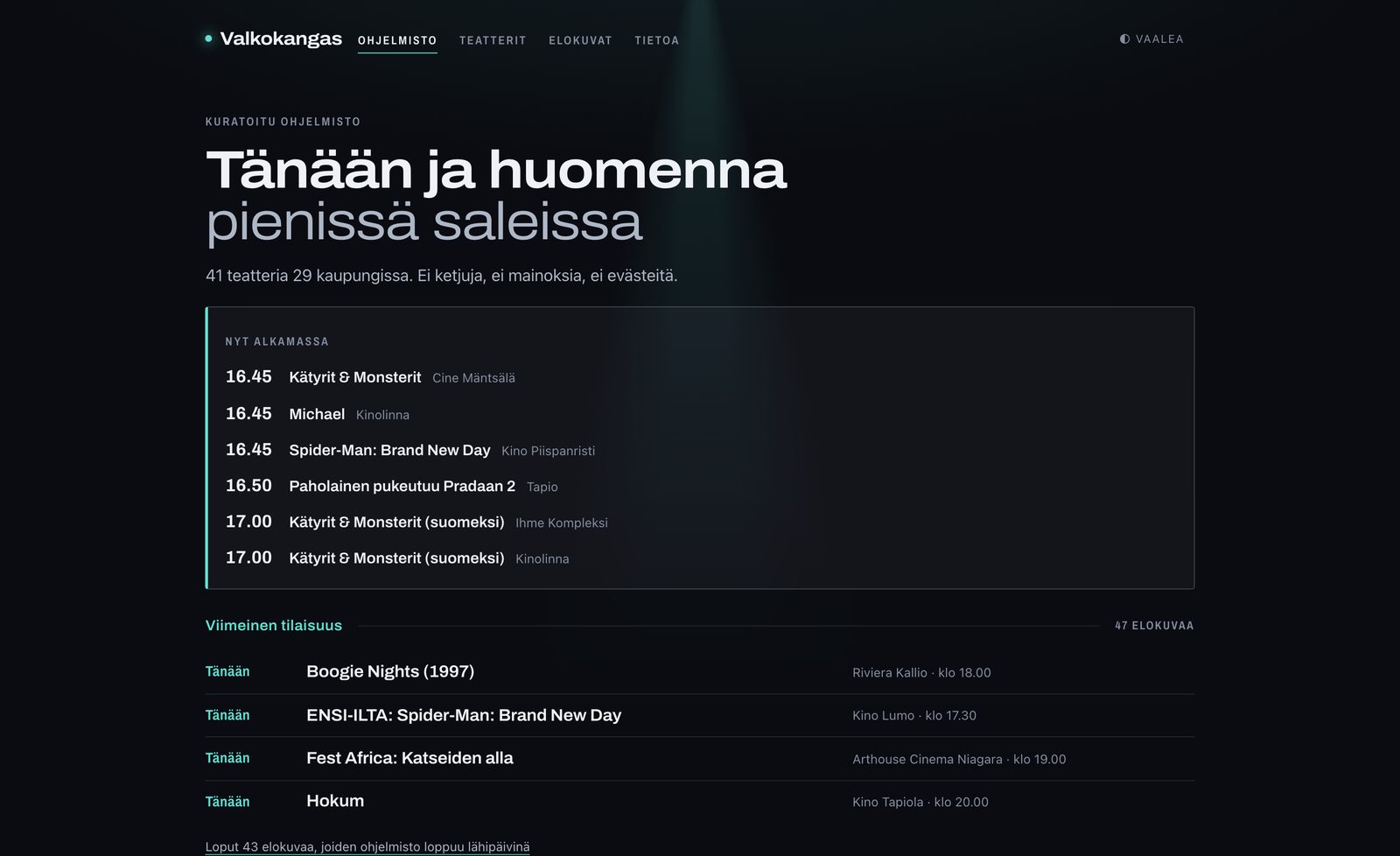 The Valkokangas front page in its dark theme. A heading reads 'Tänään ja huomenna pienissä saleissa', followed by a Now Starting panel listing six screenings with their times and cinemas.