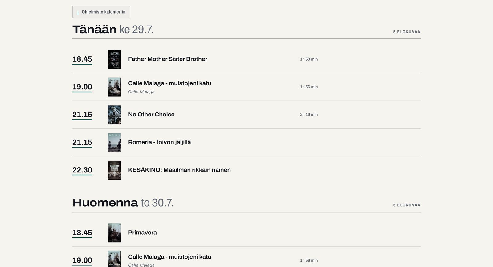 A cinema's own page on Valkokangas in the light theme, listing five films for today with their start times, posters and running times.